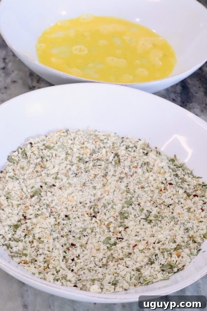 bowl of seasoned breadcrumbs next to a bowl with a whisked egg