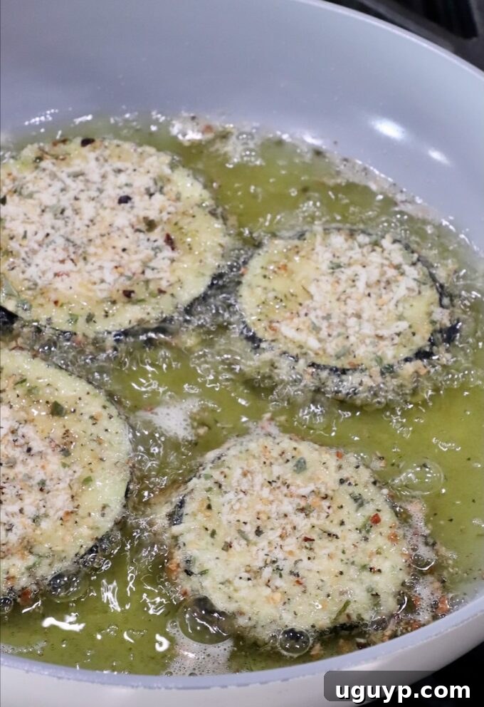 breaded slices of eggplant frying in oil in a pan