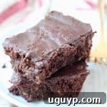 Two chocolate brownies stacked on top of each other on a plate