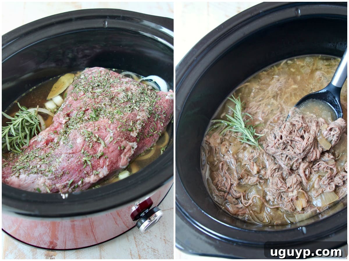 Rosemary garlic tri-tip roast simmering in a slow cooker with onions and broth, filling the kitchen with its aroma.