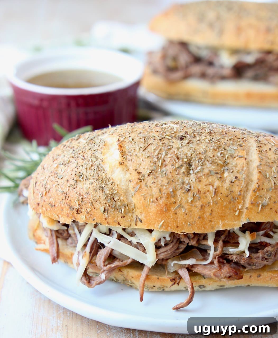 A perfectly built French dip sandwich with shredded tri-tip and melted cheese, served with a cup of au jus and fresh rosemary garnish.