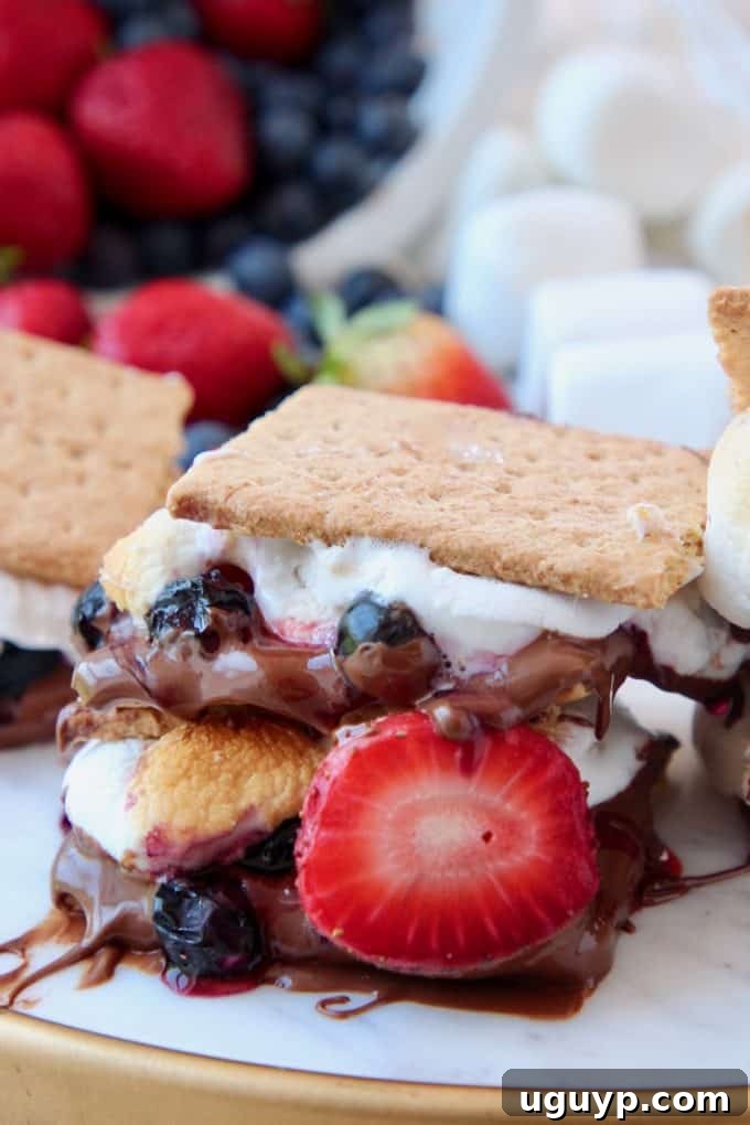 Smores with strawberries and blueberries stacked up on serving platter, showcasing the delightful berry twist