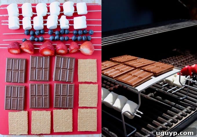 A collage of images showing the step-by-step process of making grilled berry s'mores: skewering berries, grilling them, melting chocolate, and assembling the final s'mores.