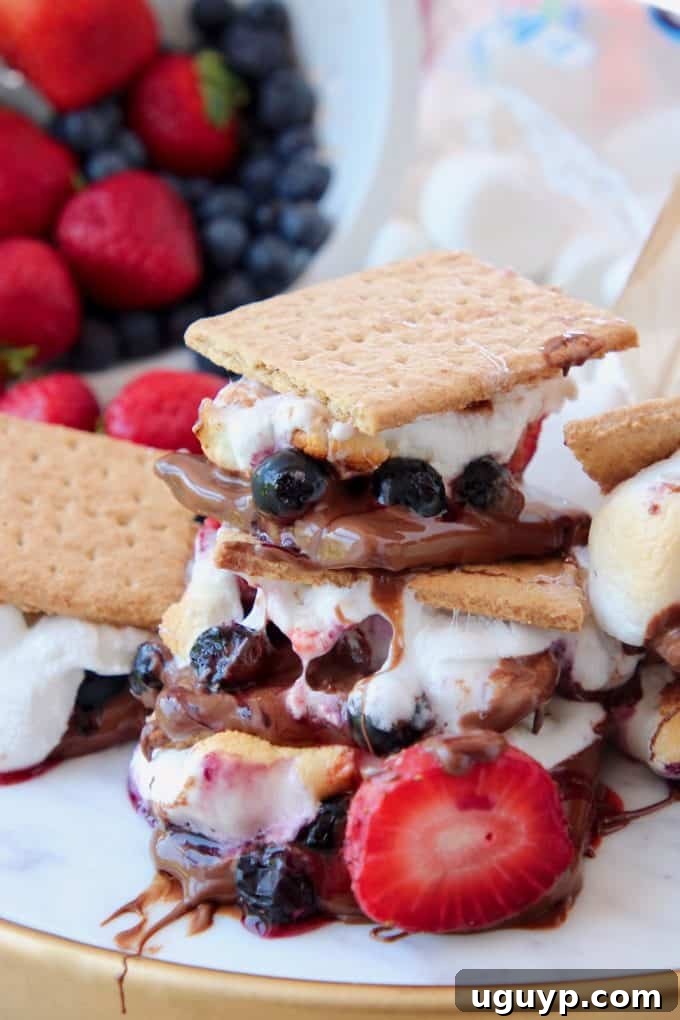 Smores with berries, stacked on top of each other, showing the juicy grilled fruit inside.