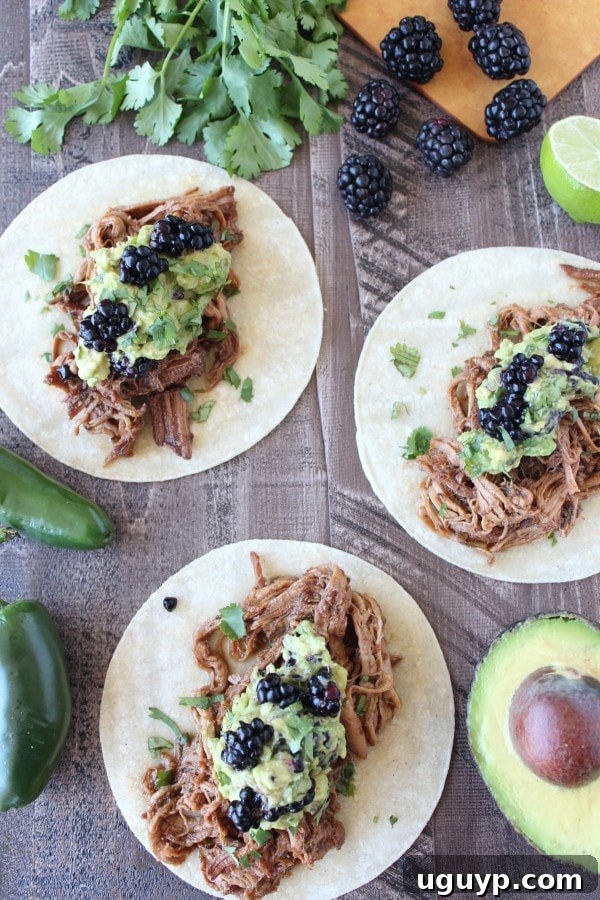 Blackberry Roasted Jalapeño Pulled Pork Tacos - Garnished
