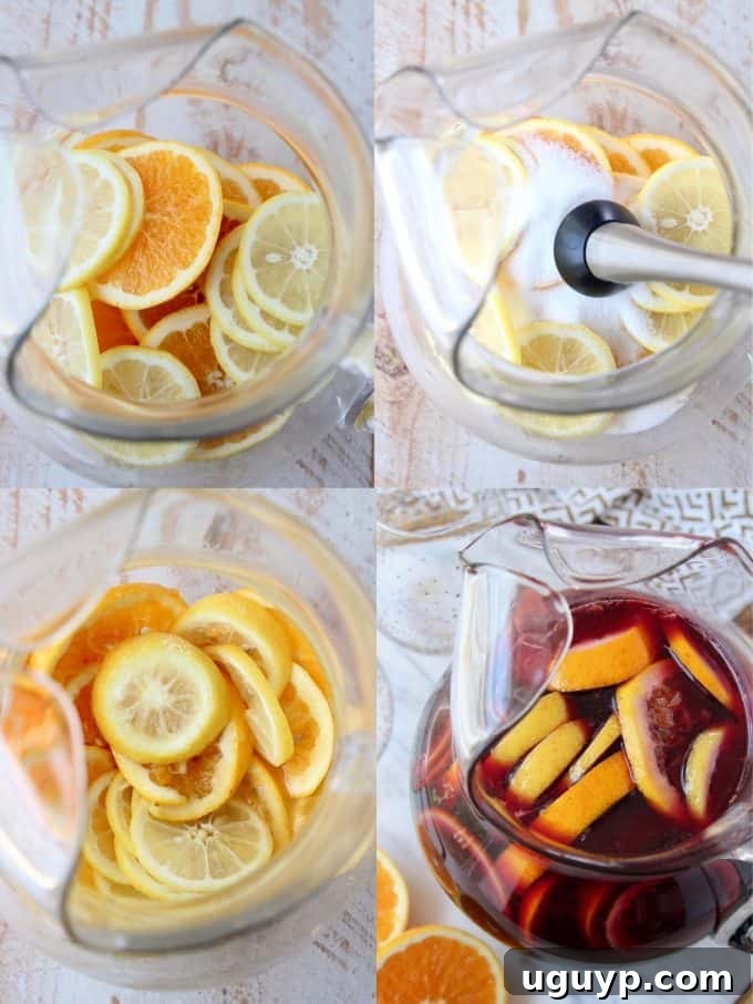 Collage showing the step-by-step process of making red wine sangria, from muddling fruit to mixing and pouring.