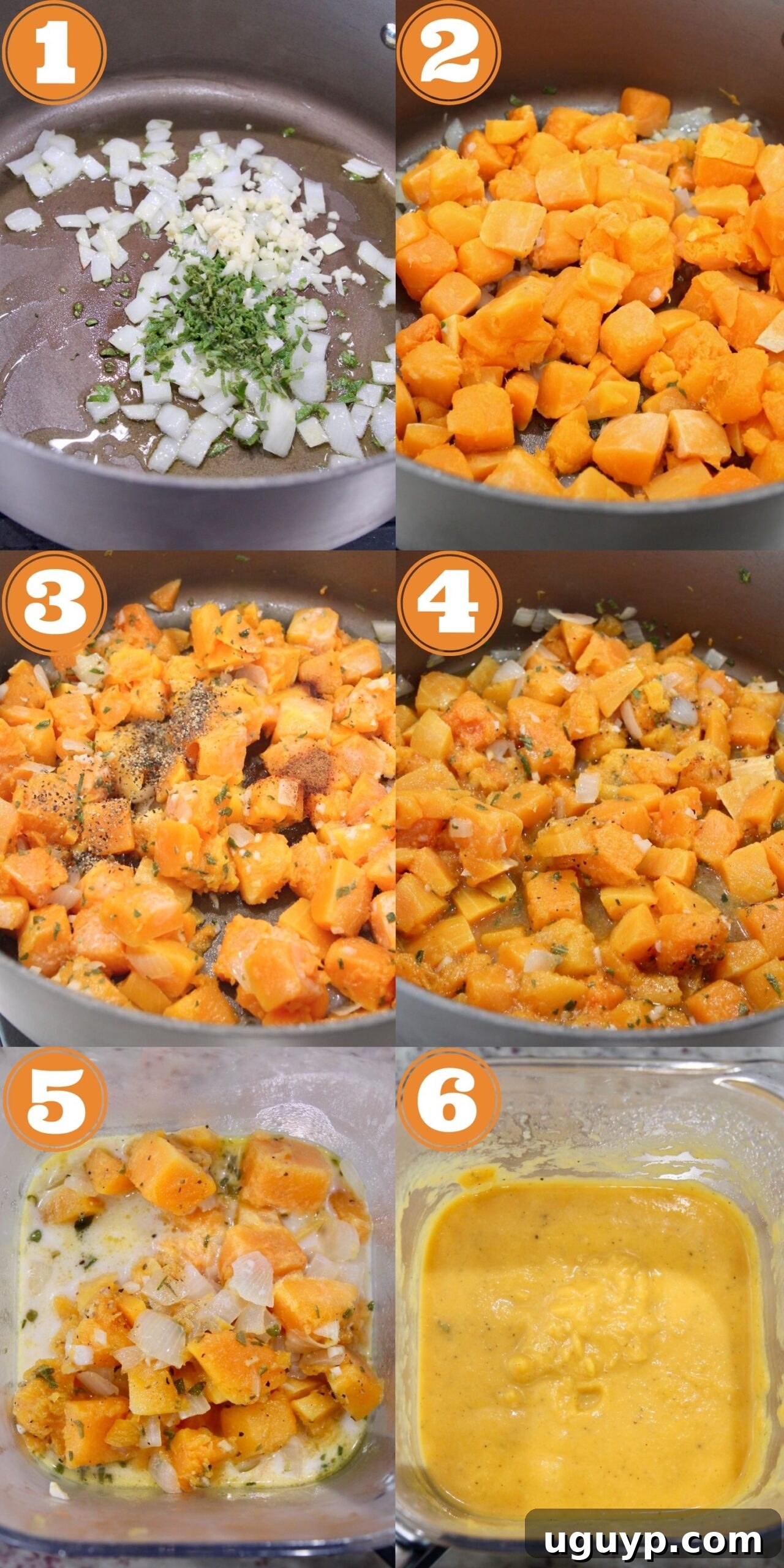 A visual collage illustrating the step-by-step process of making butternut squash pasta sauce, from sautéing ingredients to blending them smooth.