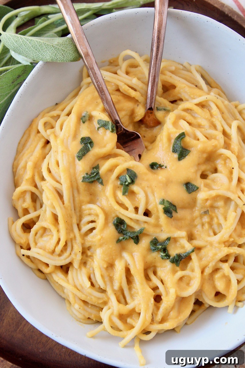 A bowl of spaghetti tossed with creamy butternut squash sauce and two forks, garnished with fresh herbs.