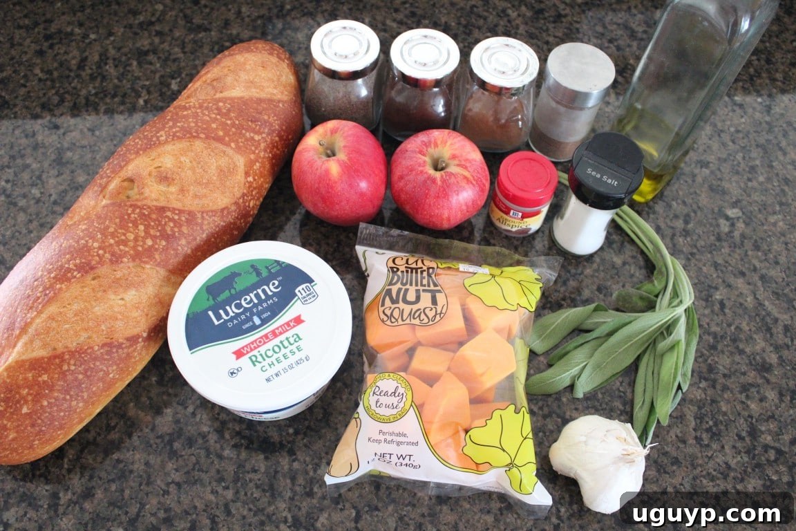 All ingredients for Butternut Squash Apple Bruschetta neatly arranged on a granite countertop, showcasing fresh butternut squash, apples, spices, and bread, ready for preparation.