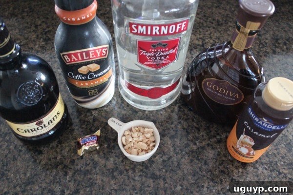 Snickers Martini Ingredients laid out on a table, including vodka, liqueurs, creamer, ice, and garnishes.
