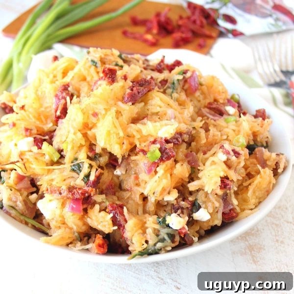 Close-up of a serving of Vegetarian Mediterranean Spaghetti Squash