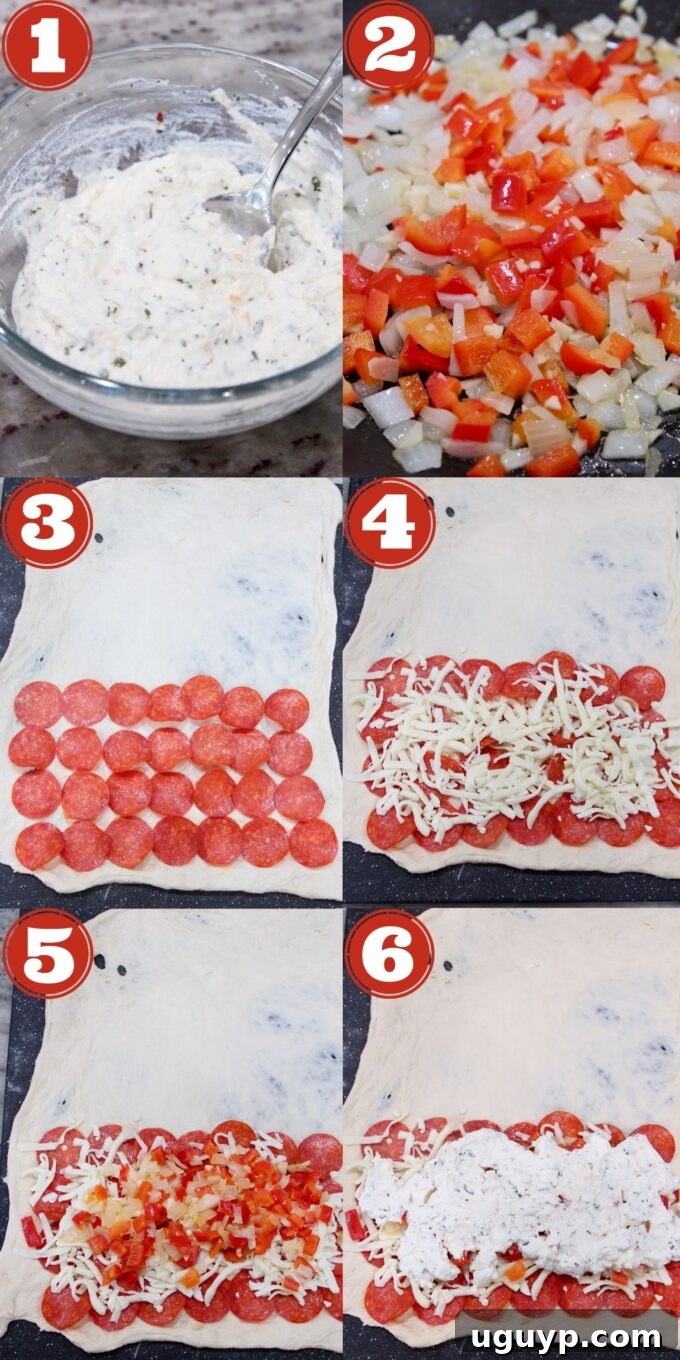 Collage showing the step-by-step process of preparing a calzone, from stretching the dough to arranging fillings and sealing the edges.
