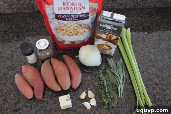 Ingredients for Slow Cooker Sweet Potato Stuffing laid out