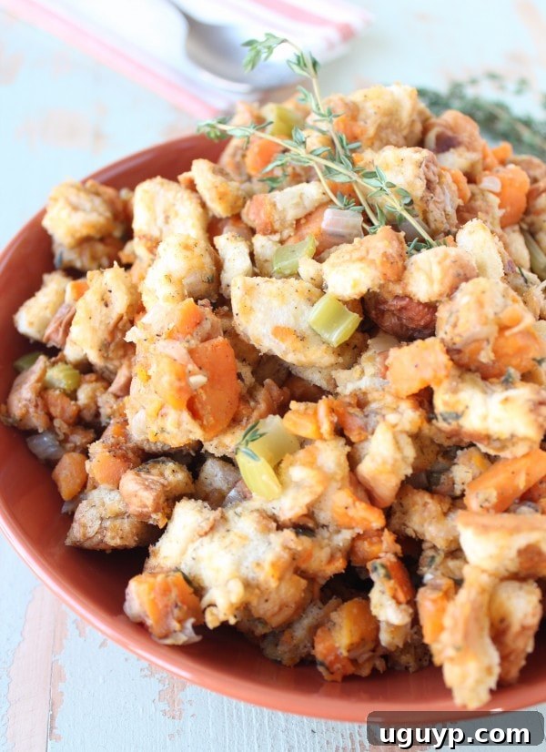 Finished Slow Cooker Sweet Potato Stuffing, perfectly cooked