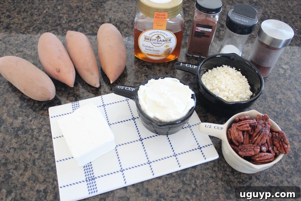 Baked Sweet Potato and Three Cheese Dip Ingredients on a granite countertop