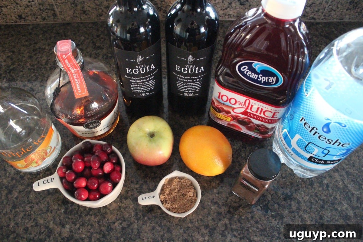 Close-up of fresh ingredients for Cranberry Apple Sangria including oranges, cranberries, and apples