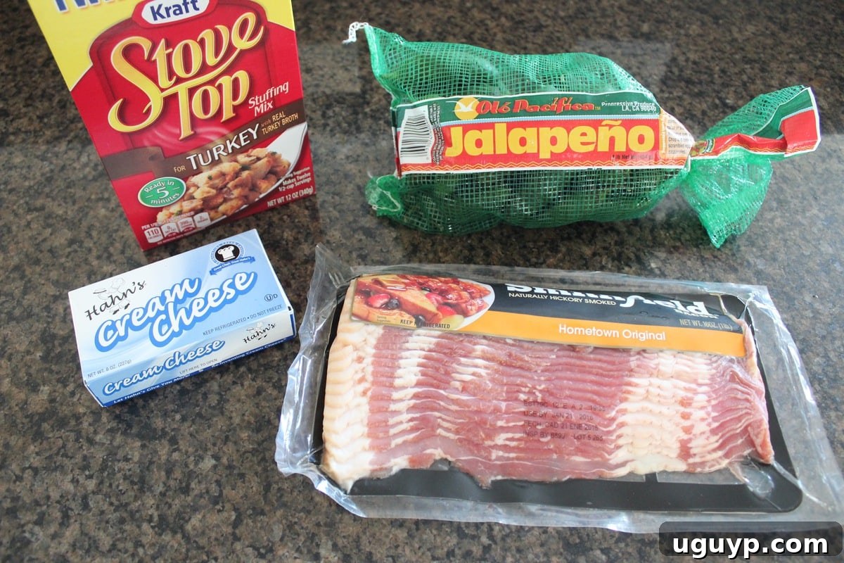 Ingredients for Cream Cheese Stuffing Jalapeno Poppers laid out: jalapenos, cream cheese, stuffing, and bacon