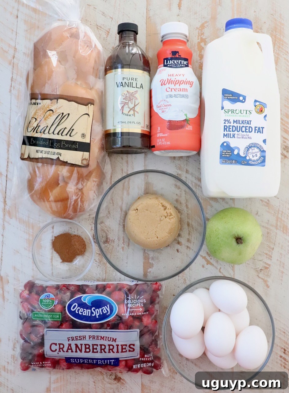 ingredients for french toast bake on a white wood board