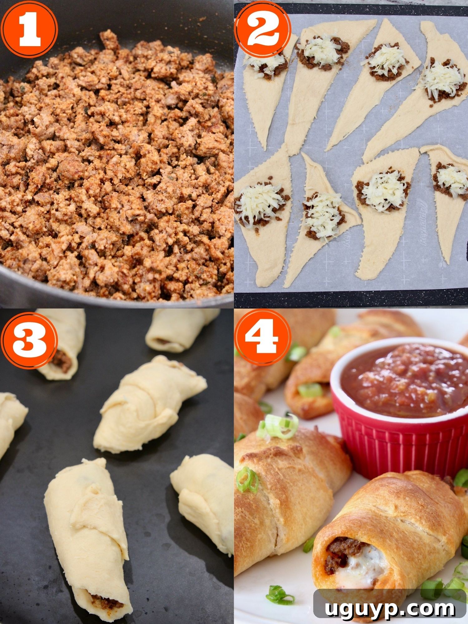 collage of images showing how to make taco crescent rolls