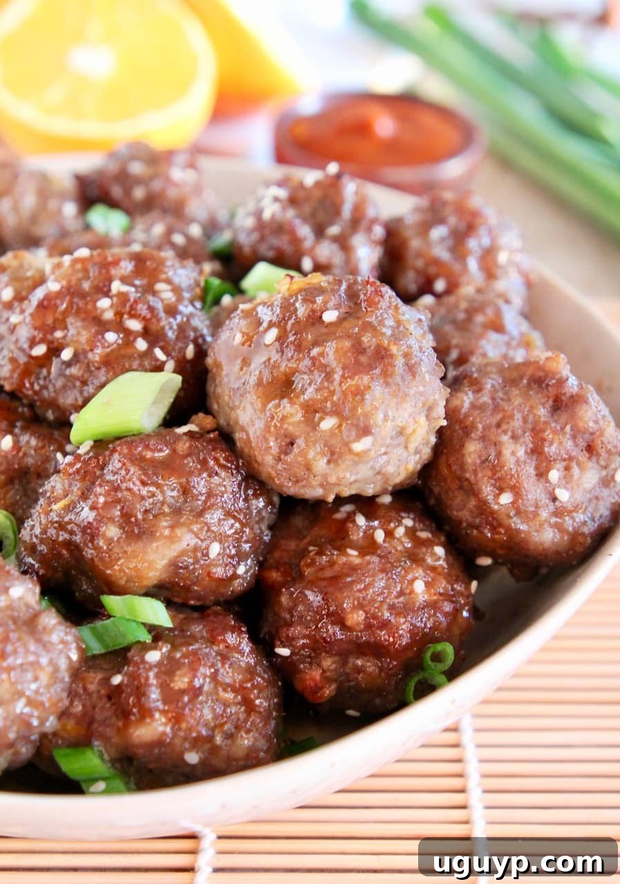 Chinese meatballs in bowl, topped with sesame seeds and green onions