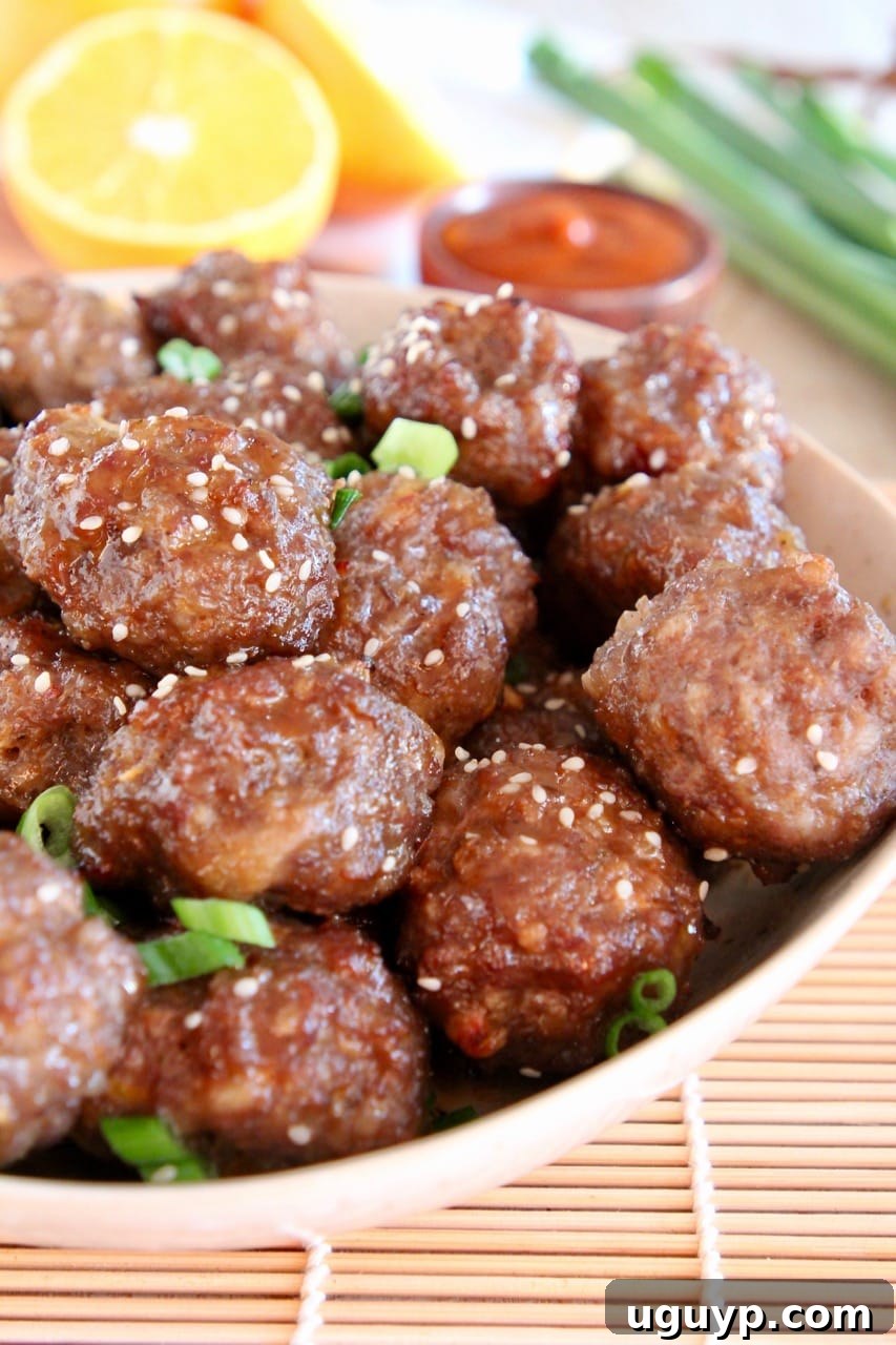 Chinese meatballs in bowl with diced green onions and sesame seeds