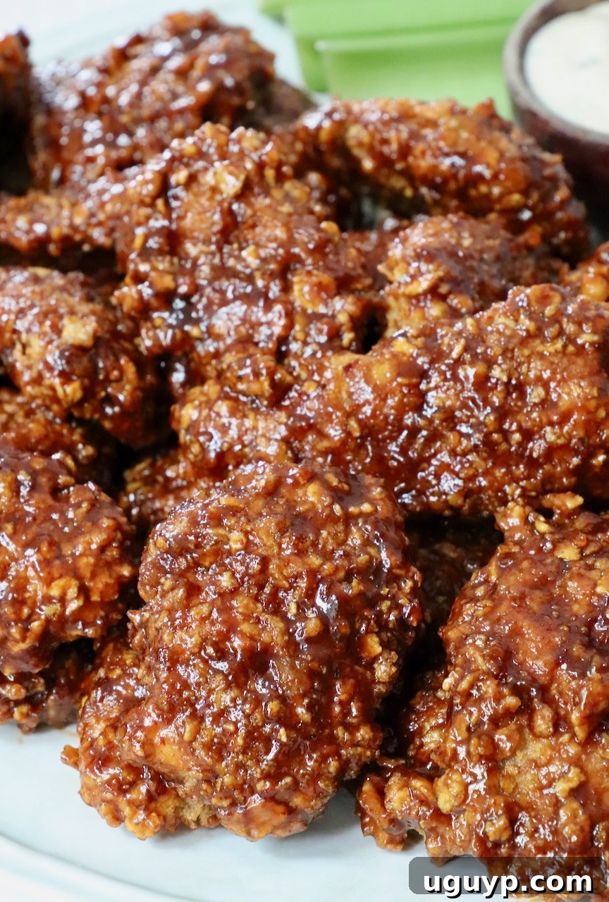 Cooked chicken crispers tossed in chipotle honey sauce, stacked on a plate