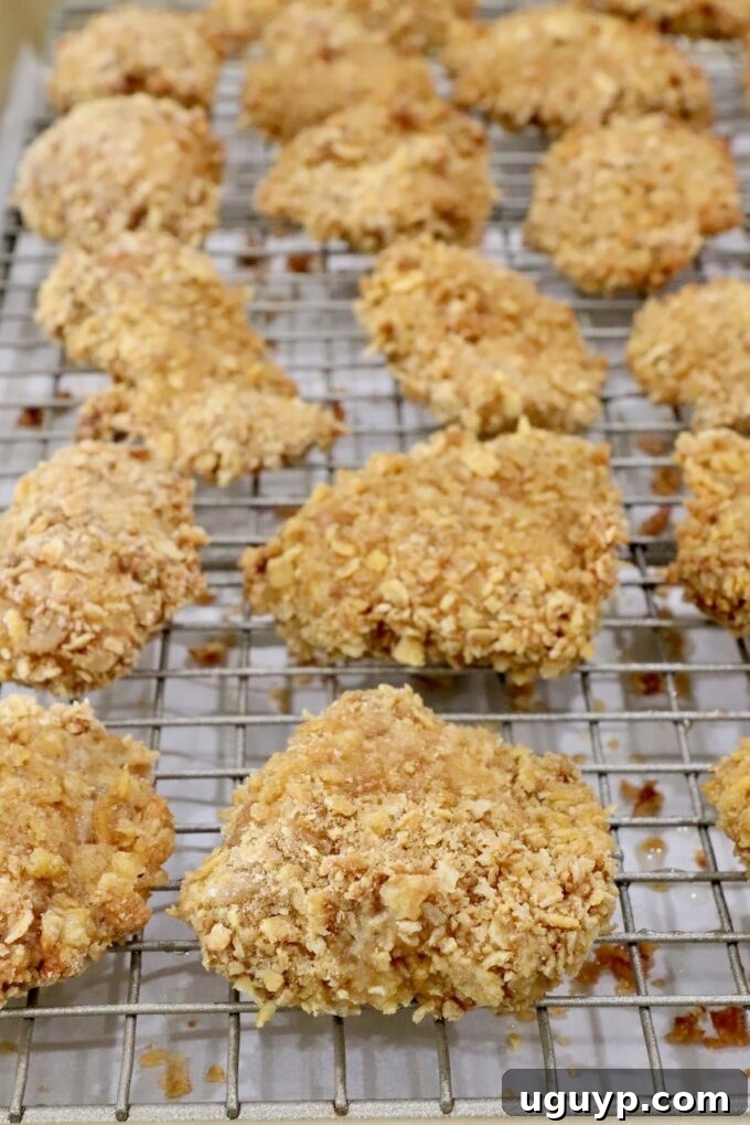 Cooked breaded pieces of chicken on a wire rack on top of a baking sheet