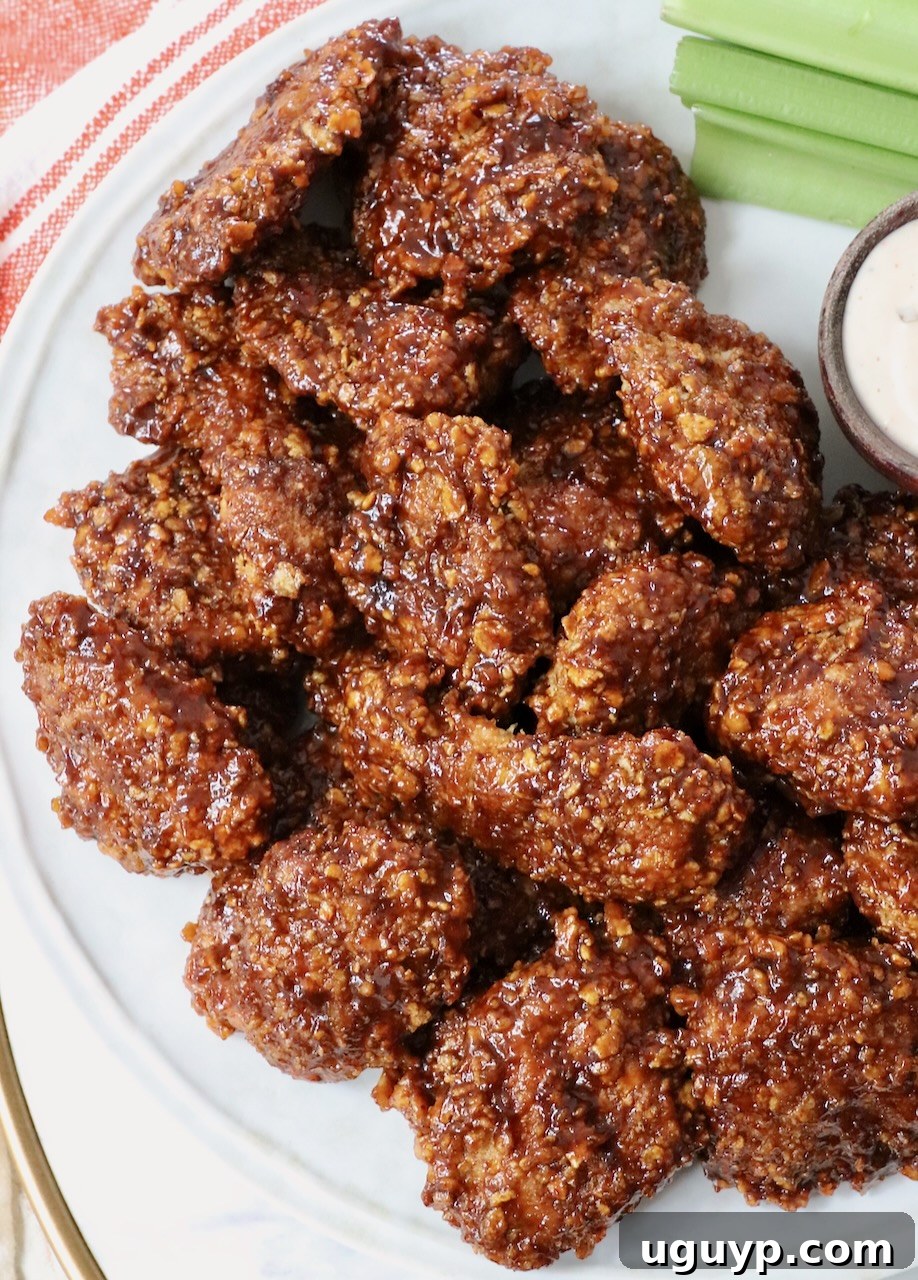 Cooked, breaded chicken crispers, tossed in sauce, stacked up on a plate