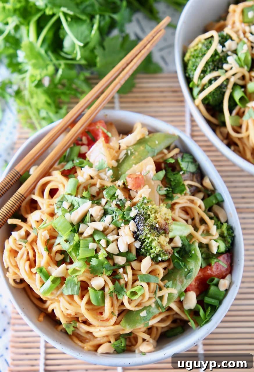 A vibrant bowl of Thai Peanut Noodles overflowing with fresh vegetables and rich peanut sauce, ready to be enjoyed with chopsticks.
