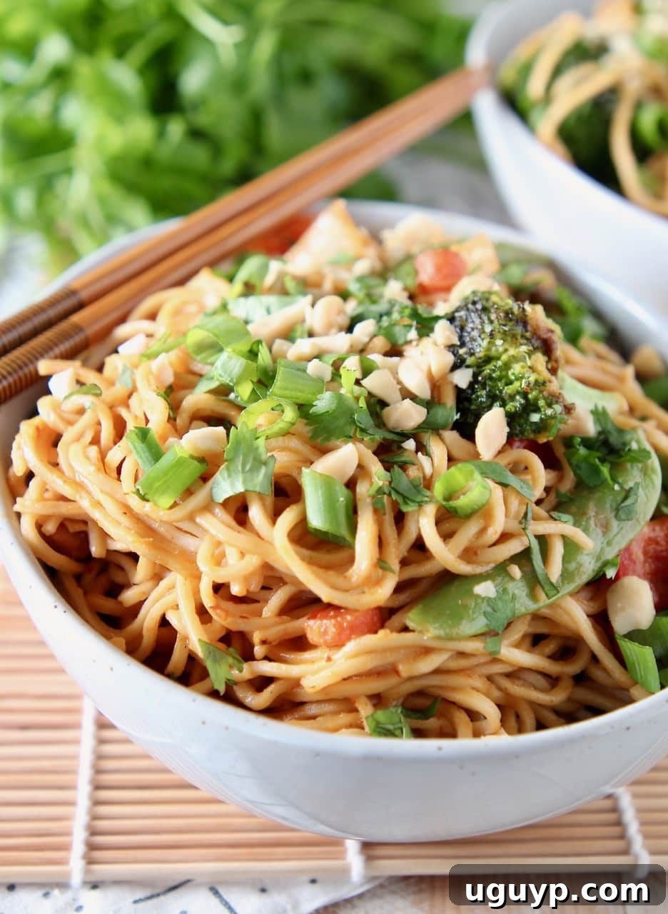A beautifully plated bowl of Thai Peanut Noodles topped generously with vibrant green onions and crunchy chopped peanuts, accompanied by a pair of chopsticks.