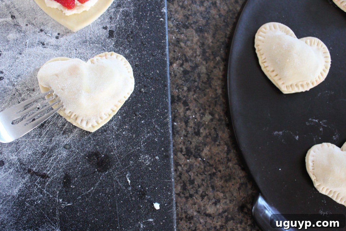 Sealing the edges of heart-shaped puff pastry pies with a fork