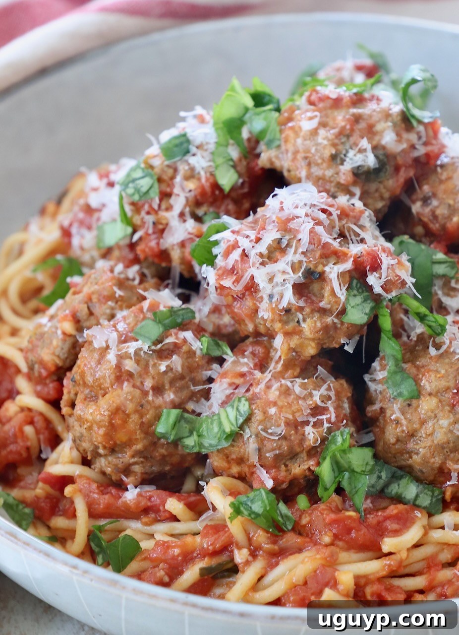 cooked meatballs in bowl with tomato sauce and cooked spaghetti noodles