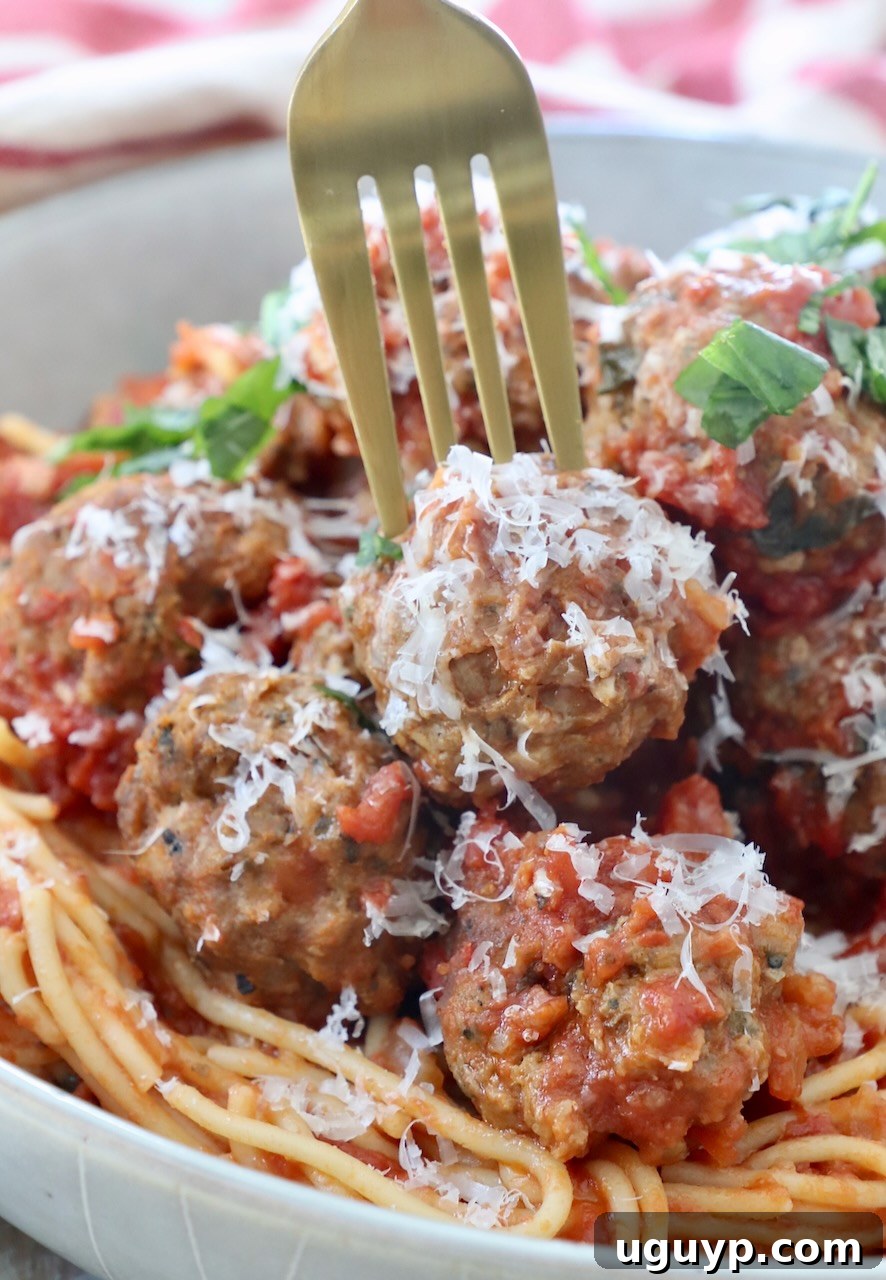 fork picking up meatball from bowl of spaghetti and meatballs