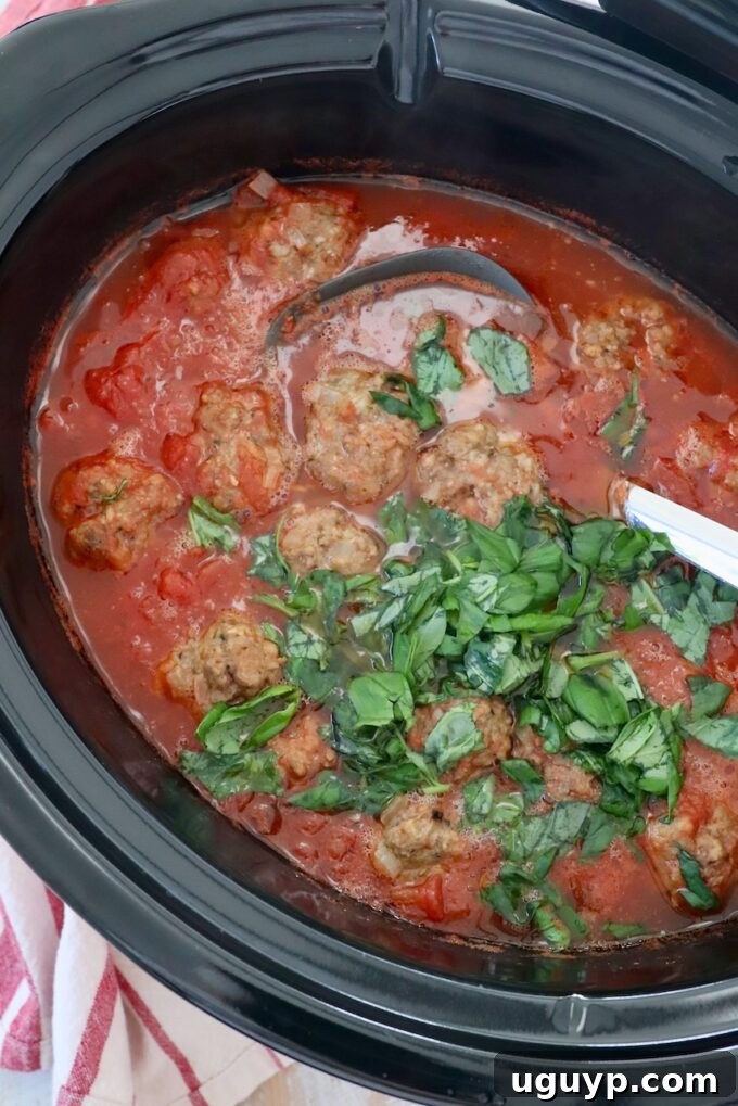 meatballs in slow cooker with tomato sauce, fresh basil and serving spoon