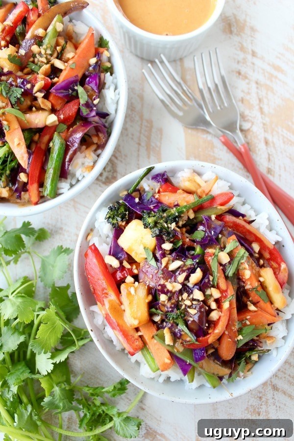 Close-up of fresh vegetables and cooked rice for Thai Peanut Veggie Rice Bowl