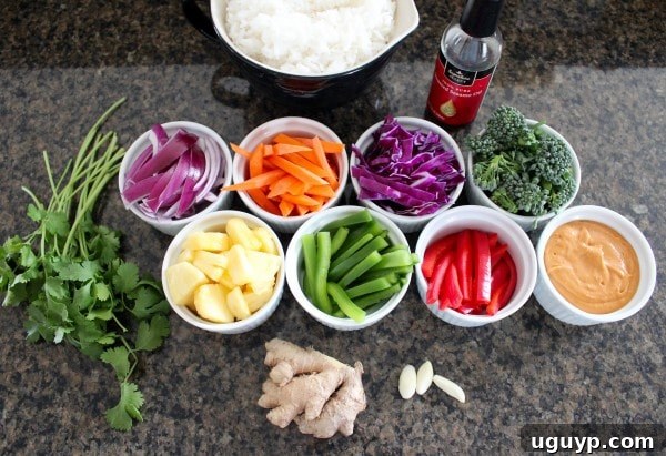 Ingredients for Thai Peanut Pineapple Veggie Rice Bowl laid out