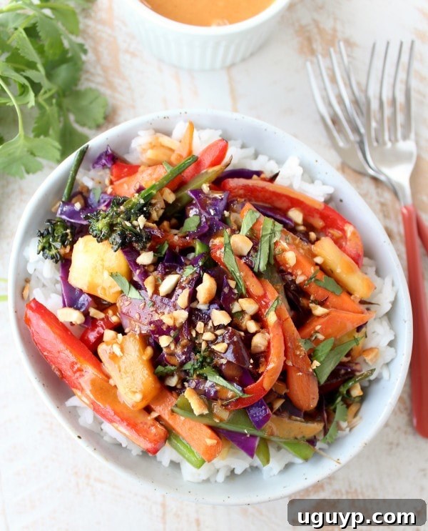 Assembling a Thai Peanut Pineapple Veggie Rice Bowl