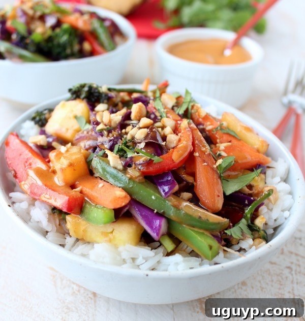 Another angle of the finished Thai Peanut Pineapple Veggie Rice Bowl