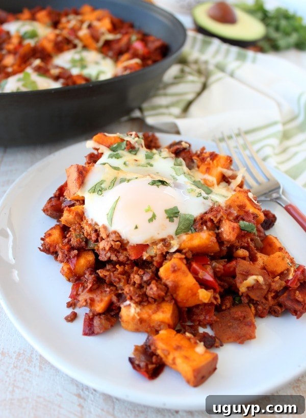 Mexican Sweet Potato Hash topped with a fried egg and fresh cilantro.