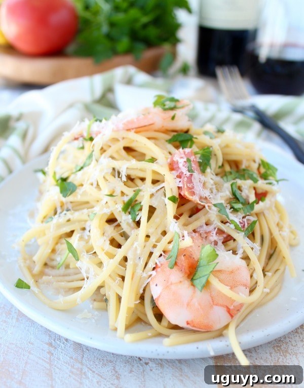 One Pot Tuscan Shrimp Scampi Pasta served with parmesan
