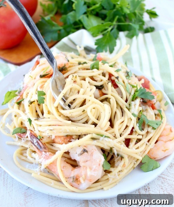 Final plated One Pot Tuscan Shrimp Scampi Pasta