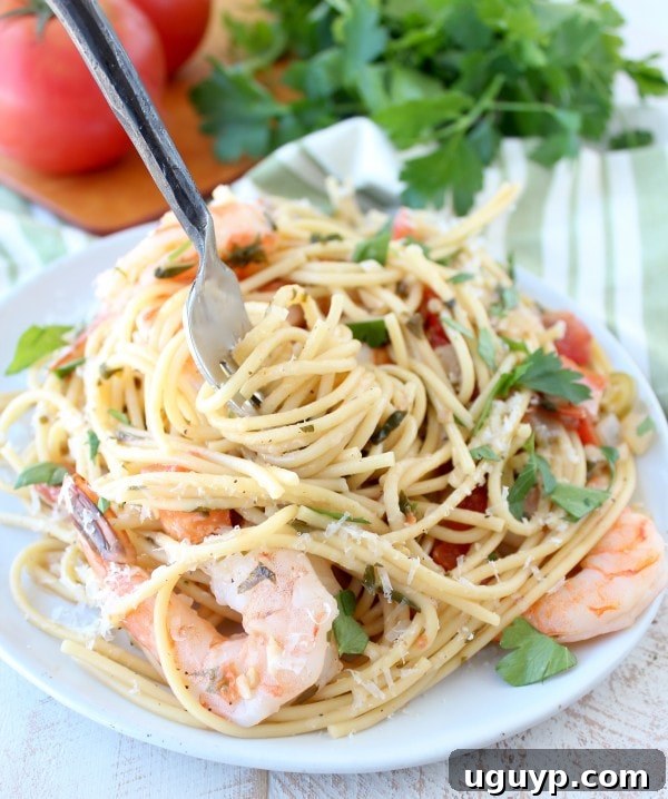 One Pot Tuscan Shrimp Scampi Pasta dish ready to serve