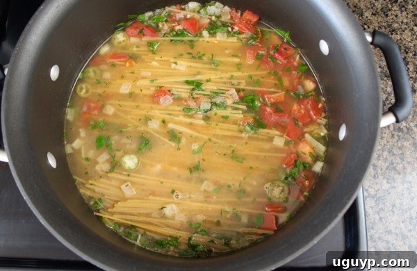 Pouring chicken broth over spaghetti in the pot