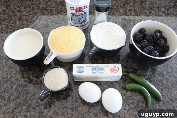 Ingredients laid out for Blackberry Serrano Cornbread recipe