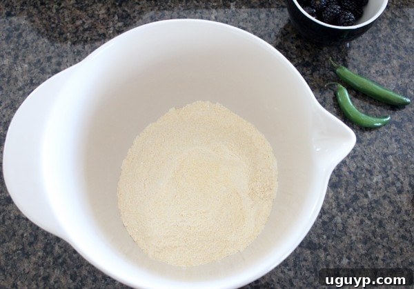Dry ingredients for Blackberry Serrano Cornbread mixed in a bowl