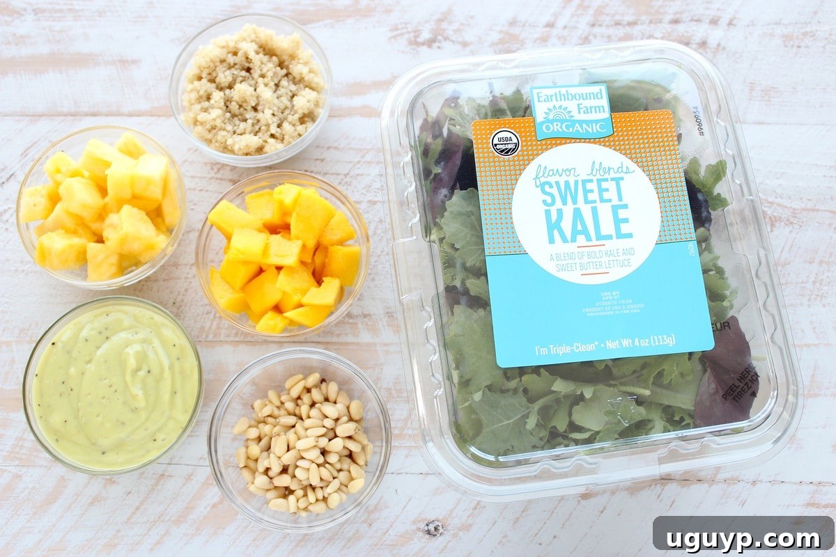 Pineapple Mango Kale Salad Ingredients - Fresh produce for a healthy meal