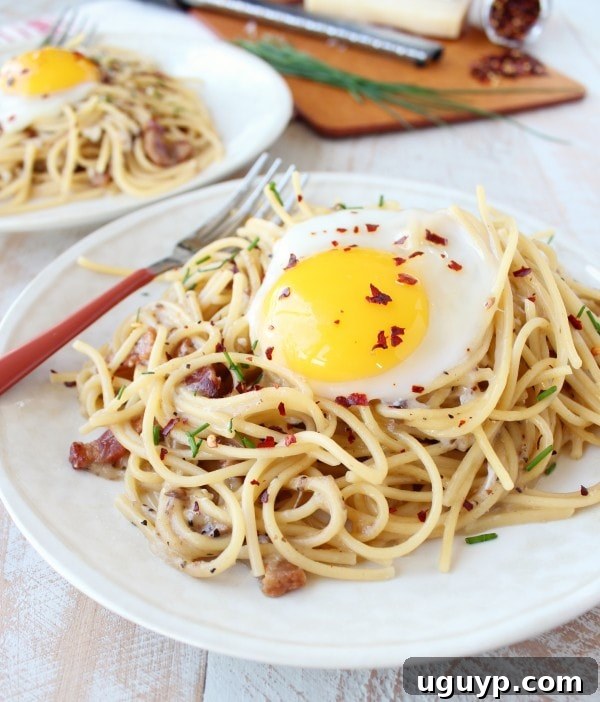 Enjoying a plate of One Pot Pasta Carbonara