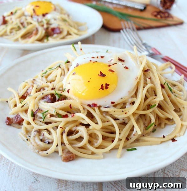 Final plated shot of One Pot Pasta Carbonara