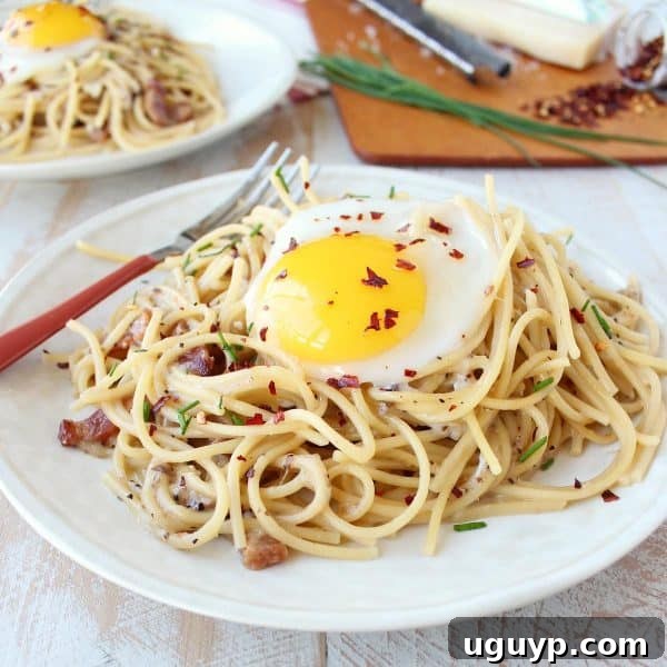 Close up of a perfect One Pot Pasta Carbonara serving