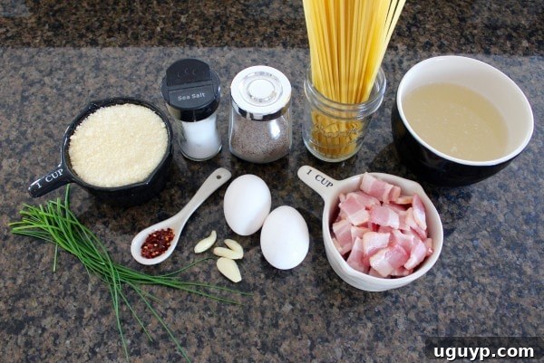 One Pot Pasta Carbonara Ingredients laid out